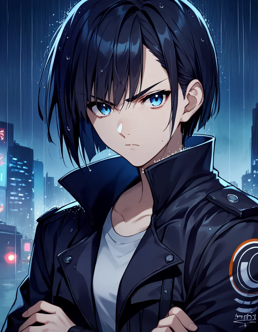 score_9, score_8_up, score_7_up, (fumio), 1girl, black jacket, serious, black hair, bobcut, blue eyes, sci-fi city, night, rain, <lora:1_xl_fumio_13e:.85>