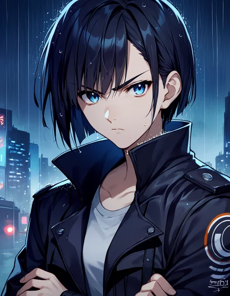 score_9, score_8_up, score_7_up, (fumio), 1girl, black jacket, serious, black hair, bobcut, blue eyes, sci-fi city, night, rain, <lora:1_xl_fumio_13e:.85>