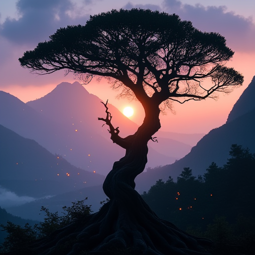 ajnatubli, A cinematic photo of the silhouette of a massive, gnarled, and overgrown tree with thick twisted roots and a full crown, standing alone before a breathtaking mountain landscape. The rising sun glows softly behind translucent clouds, casting an ethereal light over the scene. The tree looks enchanted and ancient, its crooked branches stretching wide. Glowing particles float gently through the air, adding to the magical, atmospheric feeling. Mist clings to the ground, and the colors are soft and moody, like a still from a high-budget fantasy film.
