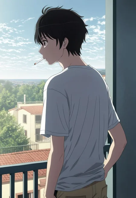 high resolution, solo, best quality, 1Boy, Inaho Kaizuka, Black Hair, Brown Eyes, home balcony, morning, cigarette, coffee, t-shirt, shorts, looking away, OverallDetail