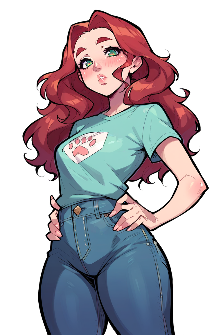 <lora:Mix25:1>, score_9, score_8_up, score_7_up, score_6_up, score_5_up, rating_questionable, source cartoon
1girl, pretty face, pretty eyes, detailed eyes, HD eyes, thick thighs
hands on hips, standing, cowboy shot
looking at viewer, blush, eyebrows, long hair, red hair, green eyes jeans, green t-shirt, boots, high waisted jeans
simple background, white background
