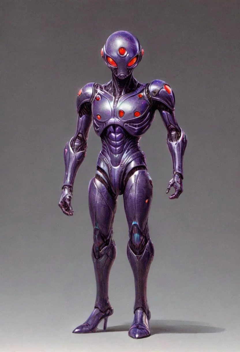 a realistic, detailed full-body 3D model of a slim humanoid bug hero inspired by classic Kamen Rider. The character resembles a human fly, with large, textured red compound eyes and black antennae that curve backward, giving a sense of motion. His chest armor is a vibrant purple, segmented to emphasize musculature, with black accents. Angular purple shoulder plates add a heroic silhouette. He wears a utility belt with a central buckle featuring a red gem. The arms and legs are covered in purple and black segmented armor for an exoskeletal look, with knee guards and forearm plates. head to toe, concept art by syd mead, retro futuristic, flat colors Comic panel illustration, akira style, Character Design page, alienzkin