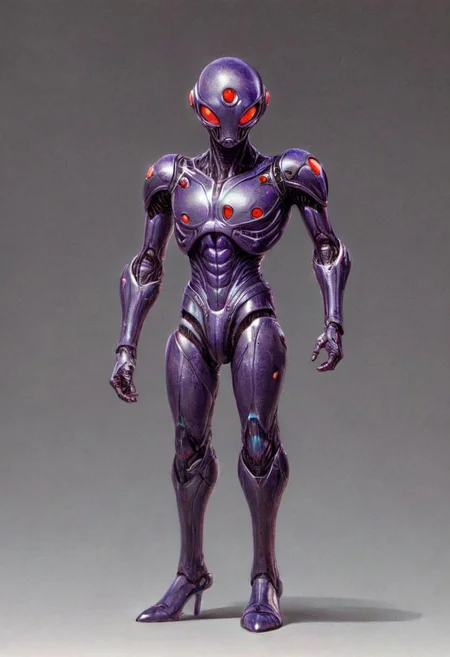 a realistic, detailed full-body 3D model of a slim humanoid bug hero inspired by classic Kamen Rider. The character resembles a human fly, with large, textured red compound eyes and black antennae that curve backward, giving a sense of motion. His chest armor is a vibrant purple, segmented to emphasize musculature, with black accents. Angular purple shoulder plates add a heroic silhouette. He wears a utility belt with a central buckle featuring a red gem. The arms and legs are covered in purple and black segmented armor for an exoskeletal look, with knee guards and forearm plates. head to toe, concept art by syd mead, retro futuristic, flat colors Comic panel illustration, akira style, Character Design page, alienzkin