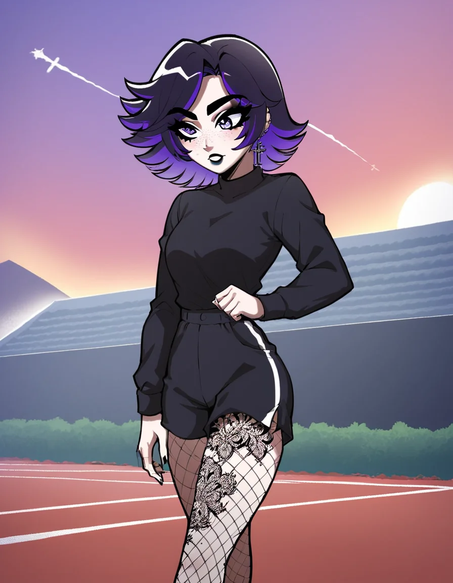 (masterpiece), (best quality), (ultra-detailed), score_9,score_8_up,score_7_up,score_6_up, source_cartoon, afs_ksusha, 1girl, , black eyeshadow, black eyebrows, black lipstick, black freckles around nose, cross earrings, purple eyes, short spiky hair, bangs, dark purple hair, purple gradient hair color, multicolored hair, sport clothes, black nails, , fishnets, tattoo on legs, running, action packed, (crowded marathon scenery:1.3), illustration, disheveled hair, detailed eyes, perfect composition, moist skin, intricate details, earrings, by wlop, score_9,score_8_up,score_7_up,score_6_up, source_cartoon, afs_ksusha, 1girl,, black eyeshadow, black eyebrows, black lipstick, black freckles around nose, cross earrings, purple eyes, short spiky hair, bangs, dark purple hair, purple gradient hair color, multicolored hair, sport clothes, black nails,, fishnets, tattoo on legs, running, action packed, (crowded marathon scenery:1.3), ambient light, detailed, cinematic atmosphere, professional fine detail, intricate, very beautiful, stunning, winning, full creative, positive, cute, pure, artistic, vibrant, confident