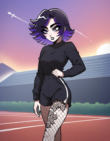 (masterpiece), (best quality), (ultra-detailed), score_9,score_8_up,score_7_up,score_6_up, source_cartoon, afs_ksusha, 1girl, , black eyeshadow, black eyebrows, black lipstick, black freckles around nose, cross earrings, purple eyes, short spiky hair, bangs, dark purple hair, purple gradient hair color, multicolored hair, sport clothes, black nails, , fishnets, tattoo on legs, running, action packed, (crowded marathon scenery:1.3), illustration, disheveled hair, detailed eyes, perfect composition, moist skin, intricate details, earrings, by wlop, score_9,score_8_up,score_7_up,score_6_up, source_cartoon, afs_ksusha, 1girl,, black eyeshadow, black eyebrows, black lipstick, black freckles around nose, cross earrings, purple eyes, short spiky hair, bangs, dark purple hair, purple gradient hair color, multicolored hair, sport clothes, black nails,, fishnets, tattoo on legs, running, action packed, (crowded marathon scenery:1.3), ambient light, detailed, cinematic atmosphere, professional fine detail, intricate, very beautiful, stunning, winning, full creative, positive, cute, pure, artistic, vibrant, confident