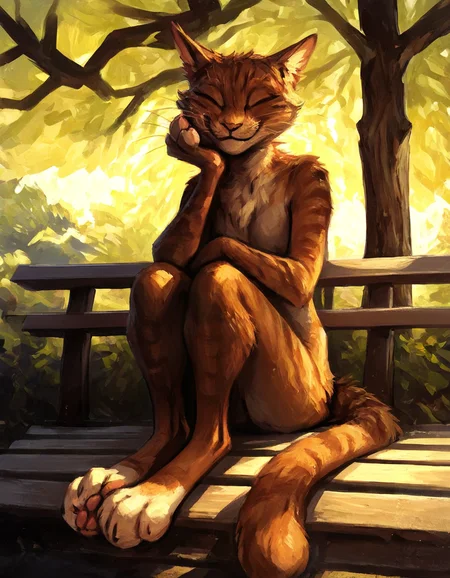 Adult furry cat sitting  on a bench in the park, tree, enjoying the day, smiling, closed eyes, slightly facing upwards, nude, tail, cat paws,  solo, alone,
source_furry,
 <lora:Better_Kenket:0.9>, score_9, score_8_up, score_7_up, score_6_up, score_5_up,