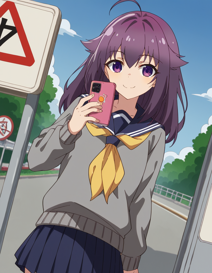 score_9, score_8_up, score_7_up, source_anime, <lora:anko-koshi-s1-ponyxl-lora-nochekaiser:1>, anko koshi, long hair, bangs, purple eyes, purple hair, ahoge, hair flaps,, skirt, long sleeves, school uniform, pleated skirt, serafuku, sailor collar, sweater, blue skirt, neckerchief, yellow neckerchief, grey sweater, bus stop, waiting, commuter, smartphone, checking time, cold morning, smile, looking at viewer, undefined, solo,, cowboy shot, dutch angle