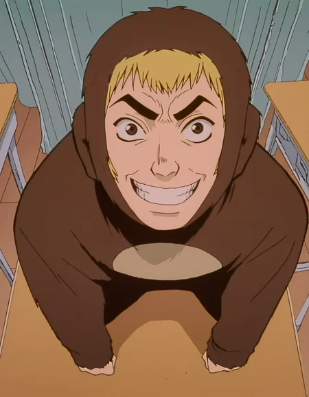 pixel-perfect masterpiece, best quality, highres, highly detailed, parody, squatting on school desk,
monkey costume, 1boy, Eikichi Onizuka, male, young man, meme, exaggerated emotions, facial details, grin, happy, intense expression, character, blonde hair, brown eyes,
skin texture, textured,
anime screenshot, (artist: sabudenego:0.6), (by abara heiki:0.4), by higashiyama shou, (by incase:0.4),
<lora:Great Teacher Onizuka 2.0 Illustrious-000063:0.8>