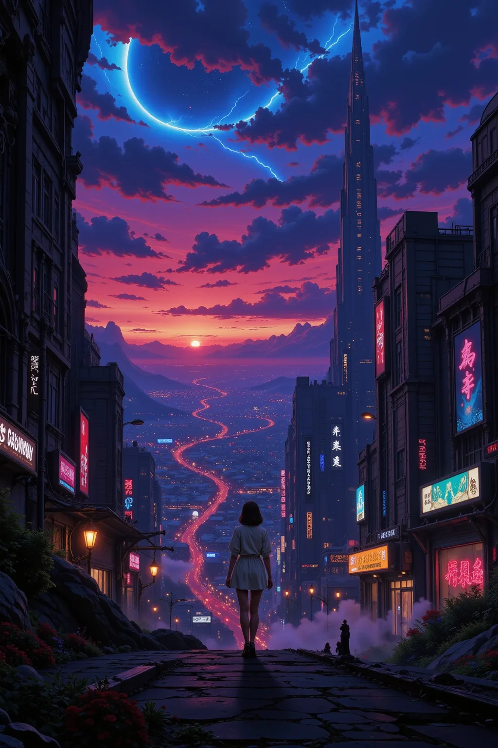 a futuristic sci-fi fantastic cyberpunk city beautiful landscape, dusk, woman, very intricate, very detailed, sharp, bright, colorful, <lora:Hand v2:0.5> <lora:Anti-Blur:1><lora:Insane Detail Slider:0.25> <lora:flux.1_lora_flyway_Epic-detail_v2:0.3> <lora:fluxenhancer:0.25> <lora:Anime_style:0.6> anime style