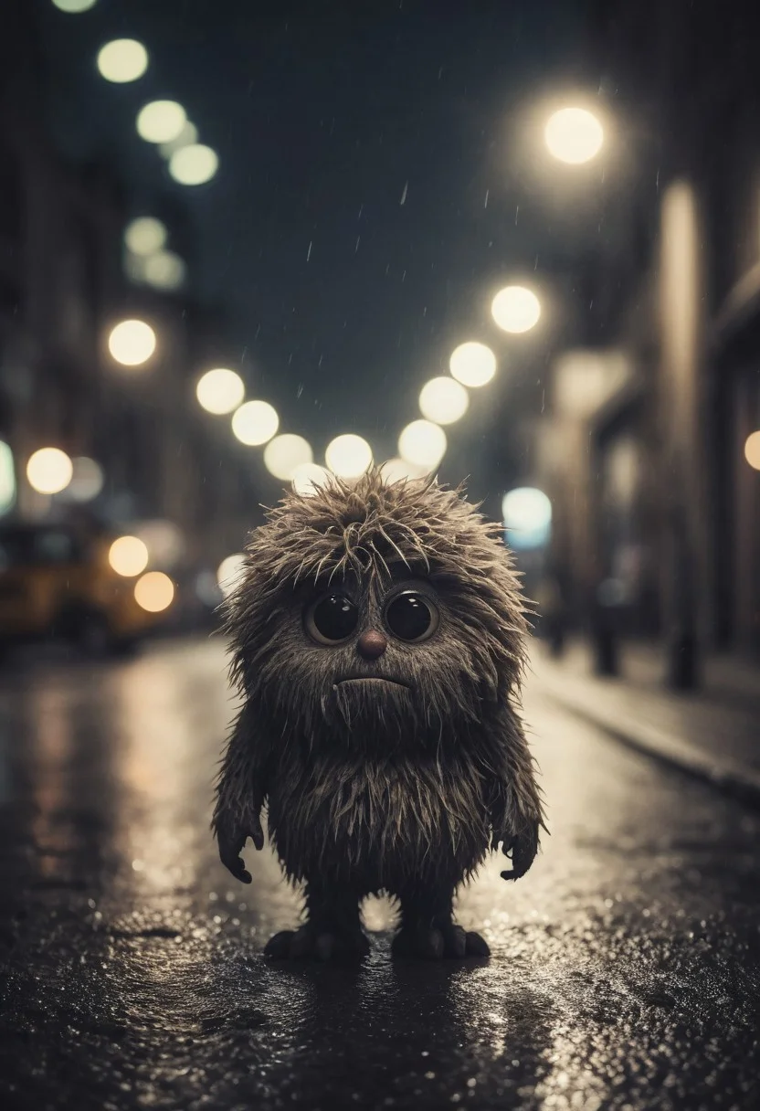 Small furry monster, fur ball, fluffy, shot at night, cute monster, expressive eyes, sad and curious appearance, heartbreaking, very cute, heavy rain, very sad, lonely, lost place, desaturated, dramatic lighting, desaturated background, bokeh, dark theme, soothing tones, depth of field, dramatic backlighting, film grain,