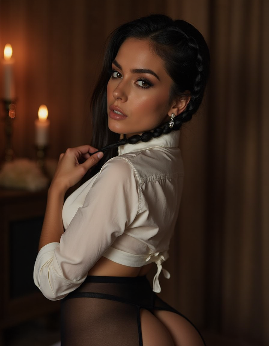 a woman posing for a moody and seductive photograph, Black hair, Crystal-embedded braids, The Over-the-Shoulder Gaze: Look over your shoulder at the camera while in a provocative pose. This angle adds a sense of intrigue and playfulness to the image., From a tilted or Dutch angle, introducing an element of disorientation or drama, a cozy boudoir with warm lighting, a comfortable settee, an array of scented candles, <lora:yandy-crotchless-panty-hose-outfit:1> crotchless_hose_outfit, white shirt