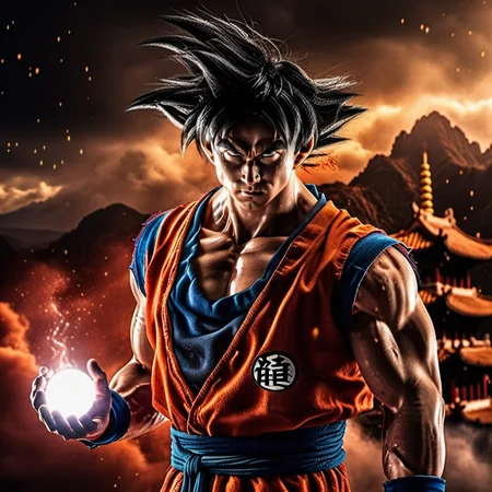 Goku1024 ,  a man dressed in red, casting a powerfull spell, dramatic ball lightning from hands, dragon background, ancient chinese temple, highly detailed, photography, ultra sharp, film, bokeh, professional, 64k  <lora:Goku1024:0.8>