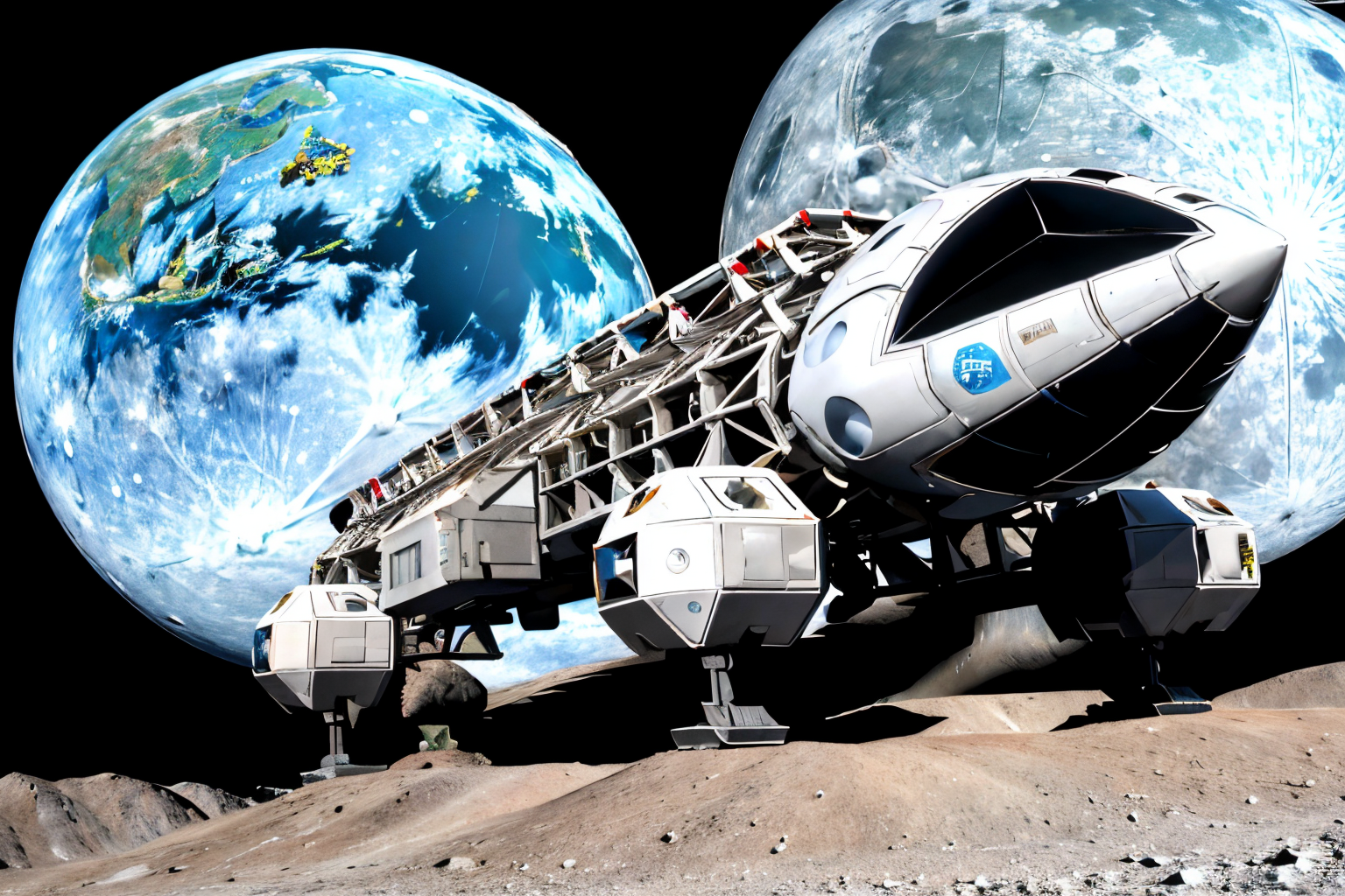 (Realistic:1.5) (masterpiece) EdobSpace1999Eagle, military, no humans, black background, machinery, spot color, science fiction, military vehicle, cable, vehicle focus, space background, no humans, moon, star (sky), lens flare, science fiction, sun, retro artstyle, space, planet, earth (planet), spacecraft, concept art, (view from rear:1.5), <lora:EdobSpace1999Eagle_v1.0:0.9>
