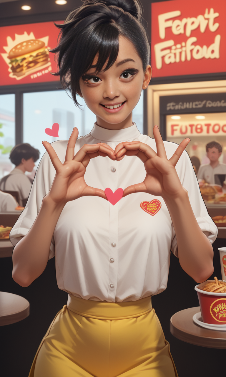 score_9, score_8_up, score_7_up, score_6_up, score_5_up, score_4_up,  slim girl in a fast food restaurant  ,  fiheartcl,  making heart with hands, yellow short skirt and white blouse   , (dark short wild hairstyle)    <lora:FingerHeartPony:.8>