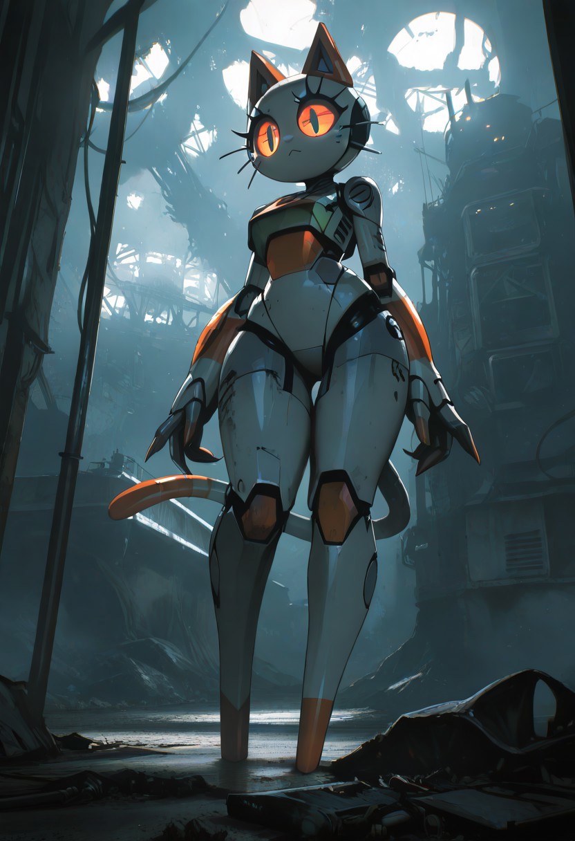 masterpiece, best quality, good quality, very awa, very aesthetic, absurdres, newest, a beautiful cute robot cat,Apocalyptic Earth,Futuristic, Cinematic Lighting, white sphere in the background