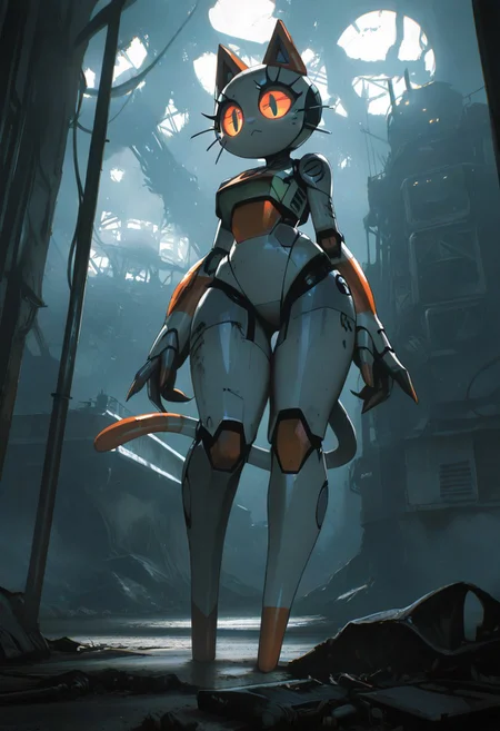 masterpiece, best quality, good quality, very awa, very aesthetic, absurdres, newest, a beautiful cute robot cat,Apocalyptic Earth,Futuristic, Cinematic Lighting, white sphere in the background