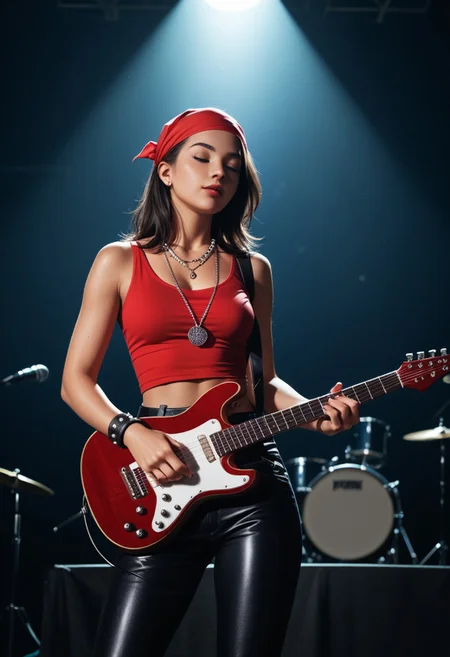 score_9, score_8_up, score_7_up, score_6_up, score_5_up, score_4_up, A young woman, likely in her late teens or early twenties, with dark hair and a medium complexion, is positioned on a stage, playing an electric guitar. She is centered in the image but slightly to the left of the frame. She's facing the viewer, her expression focused and intense as she plays. She is wearing a sleeveless, vibrant red top, black pants or skirt, and a studded belt. A bandana or wristband is visible around her wrist. She is wearing jewelry including a layered necklace with a pendant. Her body is slender and athletic. The setting is a rock concert, with other musicians playing instruments (drums and a guitarist) in the background. The stage is lit by bright stage lights, creating a dynamic atmosphere. The image has a 1970s-1980s rock concert vibe, with muted tones of light red, black, white, and gray dominating the colors. The perspective is from slightly in front of and slightly above the woman, with a focus on her playing the guitar. The overall style is a snapshot of a concert performance with a clear emphasis on the musical artist.
