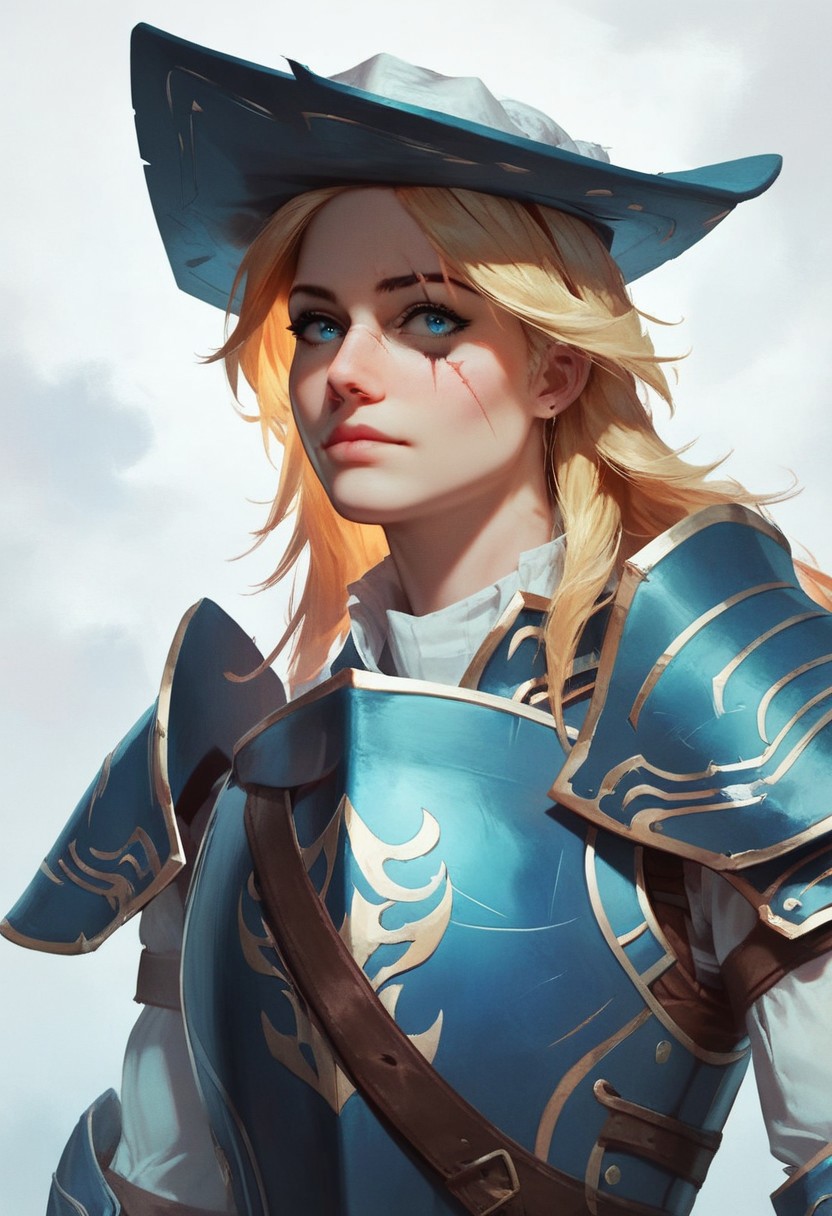 score_9, score_8_up, score_7_up, concept art, realistic, BREAK, 1woman portrait, beautiful, dramatic lights. lucatielofMirrah, Lucatiel, LucatielDS2, blonde, scar, hat, armor, blue eyes,