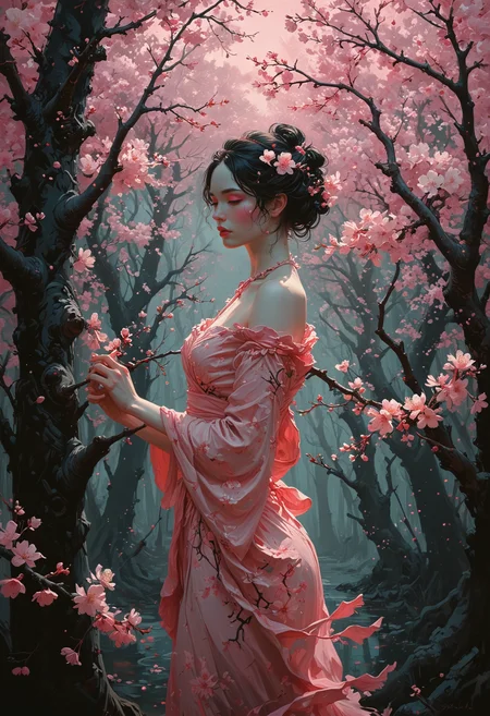 dryad in the cherry blossom woods. on black canvas in the style of guillem h. pongiluppi,  abigail larson, ominous landscapes, john sloane, light pink and neon pink, energy-filled illustrations, highly detailed  <lora:add-detail-xl:1> <lora:MJ52:0.5>