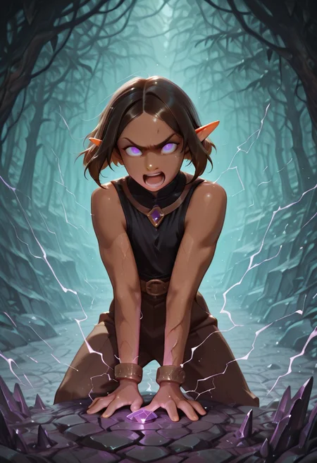 1 Lapanya, solo, Repeta, violet eyes, black sleeveless top,
furrowed eyebrows, pained expression, open mouth, shouting, grabbing wrist, purple electricity, purple veins, glowing eyes,
Holding purple gemstone in one hand, 4-sided gemstone, small gemstone,
organic cavern background,
Medieval style, Smooth colors, detailed eyes, clean lines, high quality, best quality, masterpiece, rating: safe, source: anime,