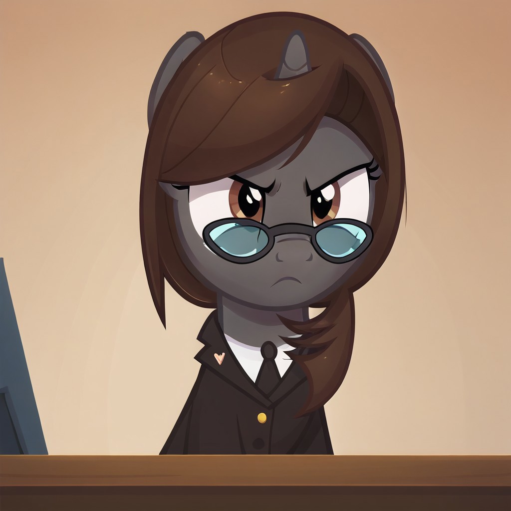 masterpiece, perfect detail, best high quality, source_pony, show accurate, cute, 1girl, solo, female, oc:sonata, glasses, attorney suit, badge on collar, pony, courtroom, defense stand, standing, standing behind desk, frown, closed mouth, determined look, beautiful, looking offscreen, score_9, score_8_up, score_7_up, score_6_up, score_5_up, score_4_up