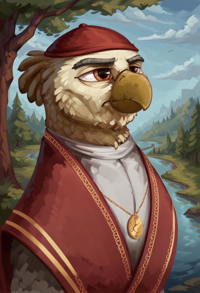 masterpiece, score_9_up, score_8_up, score_7_up, score_6_up, (best quality:1.1), ultra-detailed, high resolution, solo, Archon Eros VII, mlp, griffon, avian, old, feral, male, brown eyes, thick black eyebrows, beak, closed mouth, feathery, wings, full body, red religious clothing, red yarmulke, jewelry, necklace, detailed facial features, expressiveh, simple background, highly visible, sharp focus, anatomically correct, expressiveh, highly visible, sharp focus, anatomically correct, detailed background, outside, outdoors, spruce forest in the background, river with a rocky outcrop