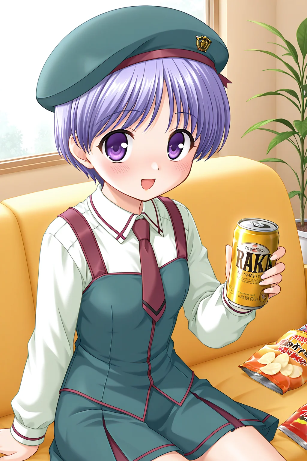 masterpiece, best quality, absurdres, official art, official style, rating general BREAK <lora:tachibanachihiro_IL_v1-3:0.7>, tachibana chihiro, 1girl, solo, purple eyes, light purple hair, short hair, bangs, flat chest, beret, green headwear, casual, dark red necktie, short necktie, dark red suspenders, light green shirt, white shirt, collared shirt, long sleeves, green dress, green skirt, pleated skirt, can, sitting, blush, open mouth, potato chips, drink, looking at viewer, snack, :d, beer, holding can, soda can, small breasts, indoors