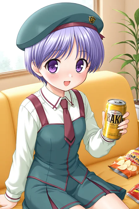 masterpiece, best quality, absurdres, official art, official style, rating general BREAK <lora:tachibanachihiro_IL_v1-3:0.7>, tachibana chihiro, 1girl, solo, purple eyes, light purple hair, short hair, bangs, flat chest, beret, green headwear, casual, dark red necktie, short necktie, dark red suspenders, light green shirt, white shirt, collared shirt, long sleeves, green dress, green skirt, pleated skirt, can, sitting, blush, open mouth, potato chips, drink, looking at viewer, snack, :d, beer, holding can, soda can, small breasts, indoors