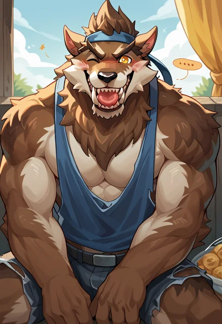 (male:1.2), solo, furry, anthro, canine, (muscular:0.3), bara, shirtless, brown fur, yellow eyes, tank top, blush, smiling, happy, looking_at_viewer, score_7_up, score_8_up, score_9, by nomifuk, cute:1.2, sitting, tailwag, wink, grin, tongue_out, <lora:Dire_Fortnite:1>, dire, fortnite, werewolf