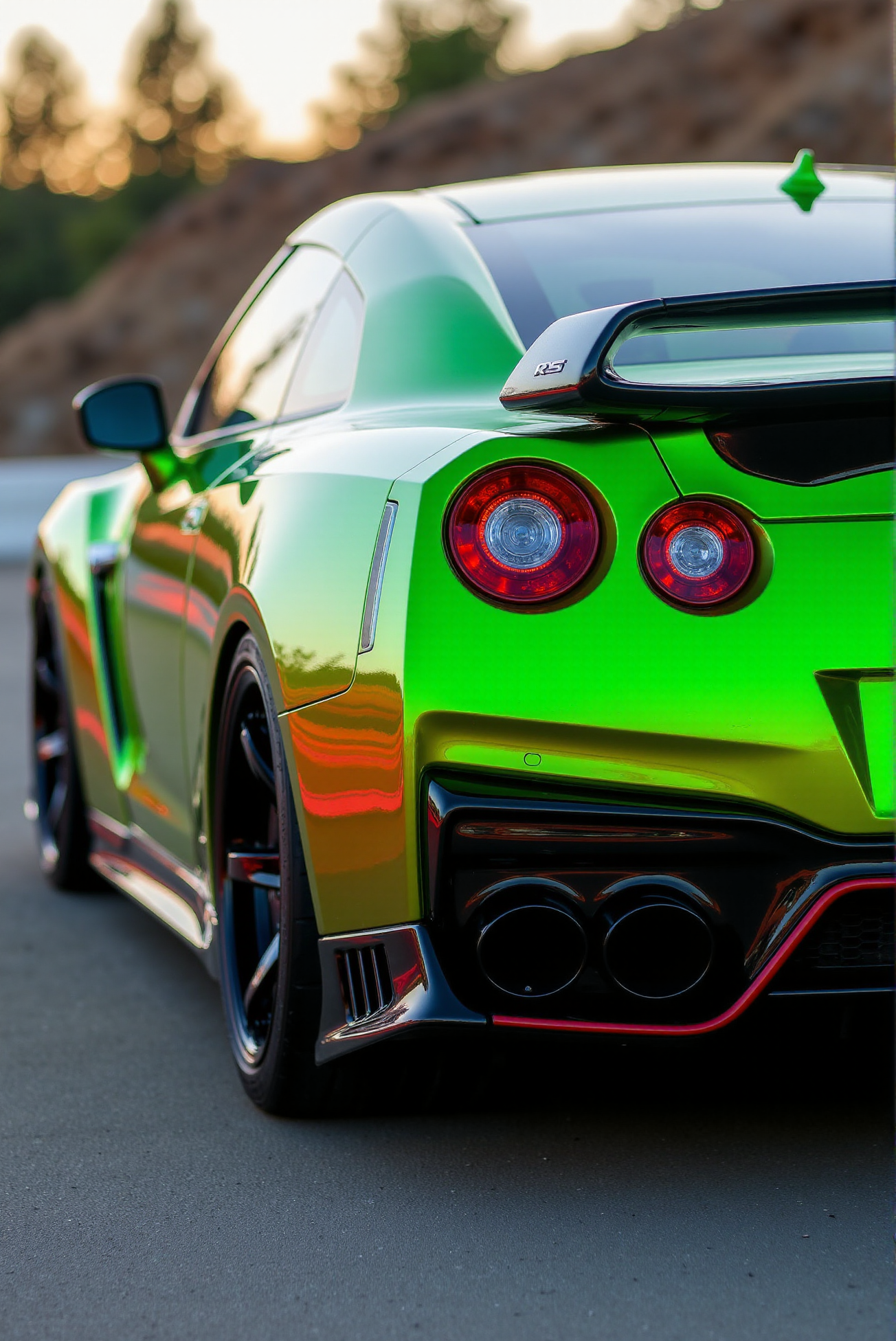 <lora:Nissan_GT-R_R35:0.7>  A from behind and a side of a gorgeous Nissan GT-R R35 in all its shining glory. In a style of clean look. The car has salad-green paint job with orange undertone. Mirror-like, high gloss finish catches bright highlights. Vibrant color palette.