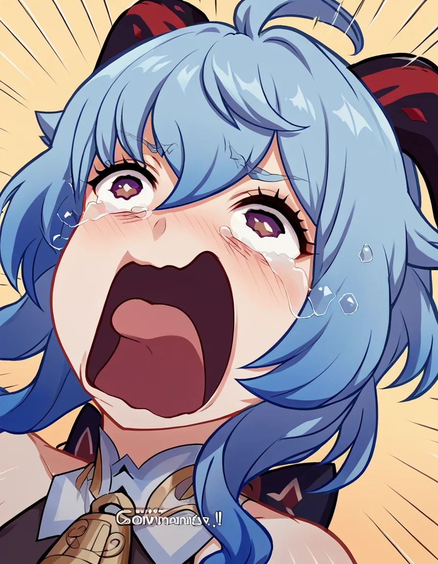 score_9, score_8_up, score_7_up, source_anime, <lora:genshin-ganyu-ingame-ponyxl-lora-nochekaiser:1>, ganyu, blue hair, goat horns, horns, long hair, purple eyes, sidelocks, medium breasts, <lora:crying-aqua-ponyxl-lora-nochekaiser:1> crying aqua, crying aqua (meme), screaming, crying, crying with eyes open, tears, tongue, open mouth,, ,