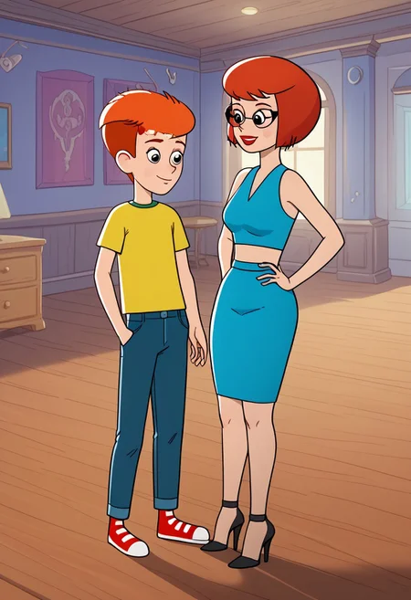 2d, cartoon, flat colours, prostokvashino, rimma, fyodor, couple, boy and woman, couple with size difference, shorter male, tall bigger woman,  black eyes, 
(woman in blue short microskirt , blue crop top, midriff, short hair, red hair, girl in cateye glasses, black high heeled shoes, black stockings, woman with medium breasts, )
(shorty skinny undersized boy without glasses, boy in jeans and yellow shirt, boy with short orange hair, red footwear)
couple posing together, interior, boy with hands in pockets, smirking smile, woman hugging boy from behind,