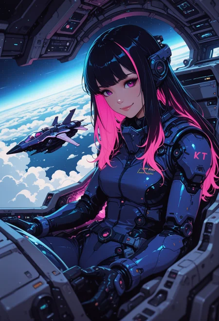 <lora:ck-nc-cyberpunk-IL-000011:0.3>,  masterpiece, best quality, good quality, very aesthetic, absurdres, newest, 8K, depth of field, focused subject, science-fiction, 1girl, sci-fi,  fyling, inside cockpit, spaceship, above clouds, smile, neon hair, long hair, dynamic angle, in the style of cknc, in the style of ck-rw
<lora:MoriiMee_Gothic_Niji_Style_Illustrious_r1:0.5>
 <lora:ck-neon-retrowave-IL:0.8>
 <lora:ck-shadow-circuit-IL:0.6>