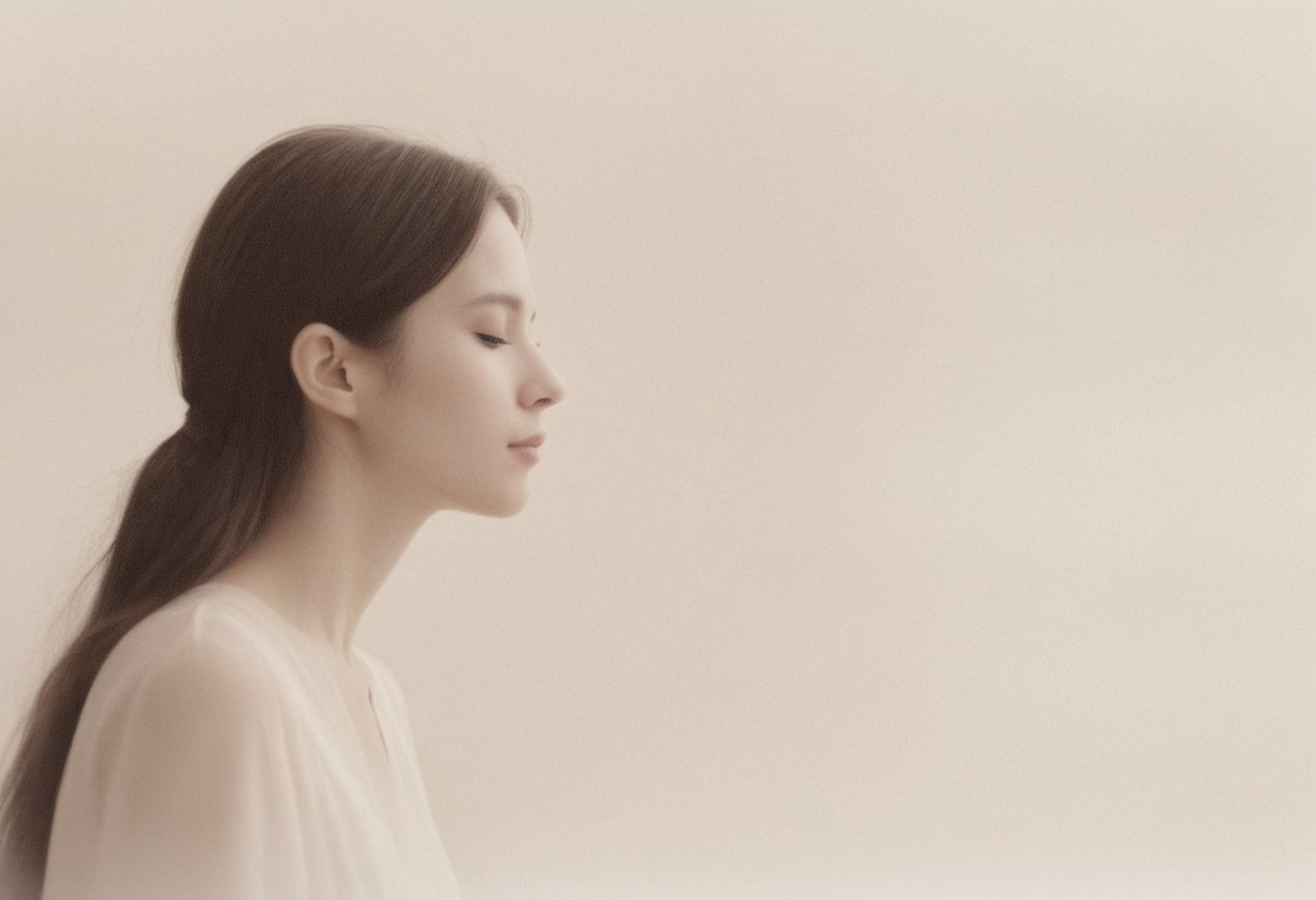 an aesthetic, minimalist depiction of a female profile in side view. The focus is on the soft contours and calm, monochromatic tones. The scene feels mystical and dreamy, almost as if viewed through a delicate mist, with gentle light accentuating the silhouette. The background is diffuse and creamy white, drawing attention to the elegant simplicity of the figure.