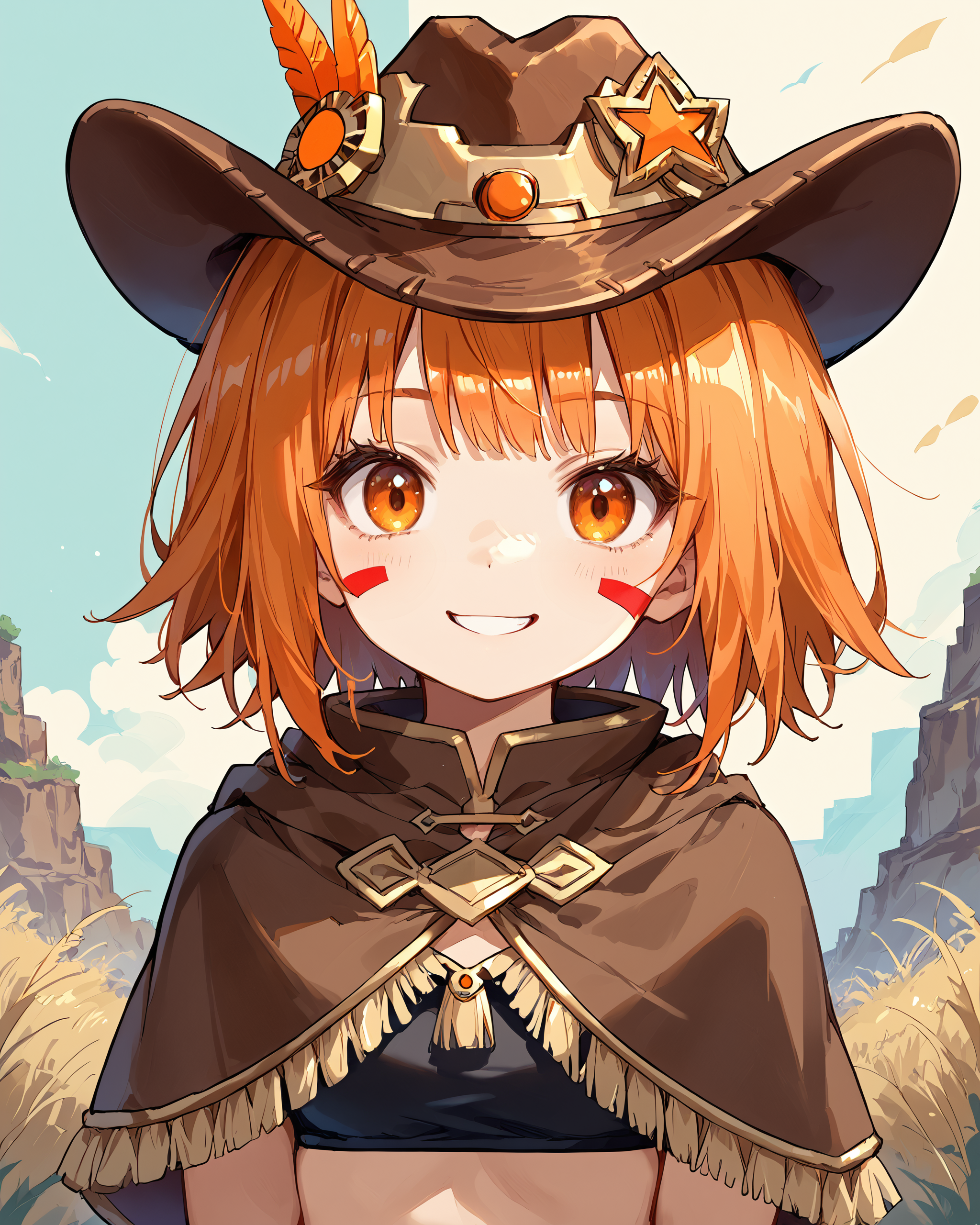 score_9, score_8_up, score_7_up, source_anime, rating_safe, <lora:conycheriff_v0.2-07:0.9>, conycheriff, 1girl, solo, short hair, orange hair, orange eyes, red facial marking, cowboy hat, black bandeau, capelet, fringe trim, cutoff, smiling, upper body view, facing front,