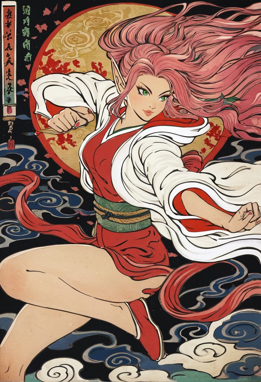 score_9, score_8_up, score_7_up, score_6_up, score_5_up, score_4_up, <lora:traditional_Japanese_art:0.8>,  traditional japanese art, fighting stance, masterpiece, highres, 1girl, sexy elf woman, detailed green eyes, perfect detailed face, pointy ears, medium pink hair, mystical, sensual, slim, small breasts, wearing short kimono, night, moon, floating on clouds