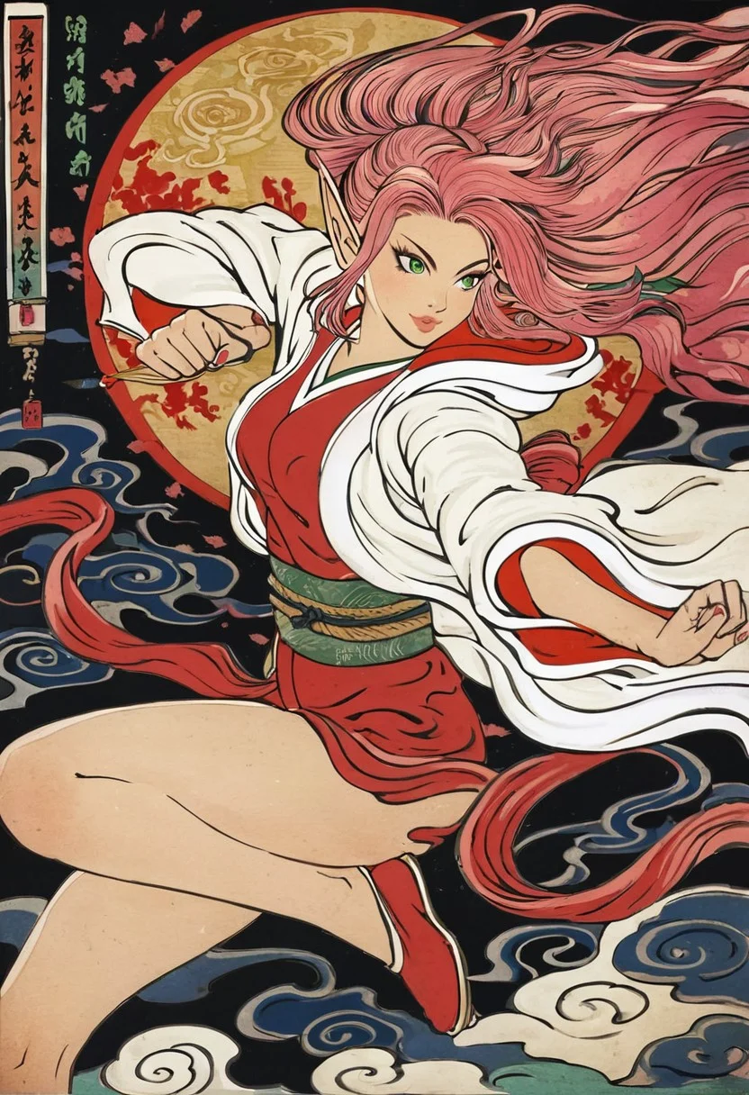 score_9, score_8_up, score_7_up, score_6_up, score_5_up, score_4_up, <lora:traditional_Japanese_art:0.8>, traditional japanese art, fighting stance, masterpiece, highres, 1girl, sexy elf woman, detailed green eyes, perfect detailed face, pointy ears, medium pink hair, mystical, sensual, slim, small breasts, wearing short kimono, night, moon, floating on clouds