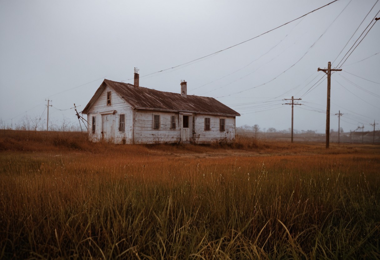 Film Photography, grainy film, 35mm, nostalgic, midwest, grassy field,  glowing, realistic, cinematic shot, outside, haunted, eerie, misty, fluorescent, depth of field, old vintage house, power lines, 1 glowing red window, fluorescent, mid day, golden hour lighting, 
vintage car, 
score_9, score_8_up, score_7_up, POV,