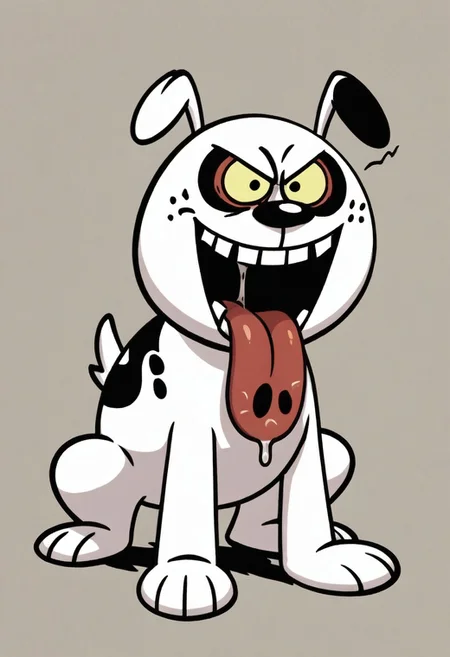 (score_9 | score_8_up | score_7_up) ((masterpiece:1))(best quality,very high quality,ultra detailed:1.2) (2D,cartoon style,anime style)(Smooth:2)(clean blurring) (four fingers on each hand,one thumb on each hand:1), solo, charles, dog, black spot on left eye, white, paw, dog paws, runaway brain, monstrous look, angry face, exagerated features, intense eyes, aggressie expression, hunched, menacing, sharp teeth, full body, tongue, salivia, hunched over, all fours,