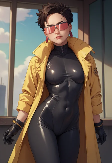 score_9, score_8_up, score_7_up, source_anime, 1girl, solo, looking at viewer, clamJBLee97, cJsunglasses, yellow coat, black gloves, black bodysuit, earrings <lora:clamJubilee_xmen97PDXL:0.6>