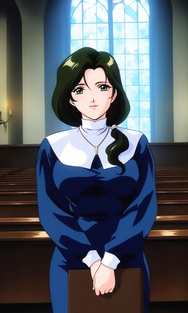 general,highres, ultra-detailed,very aesthetic,best quality ,best hands, BREAK <lora:Sakurai_Sensei_Injuu_Seisen_Ver2.0_IS:1>
Sakurai_Sensei, 1girl,solo, dark green hair, long hair, green eyes, large breasts, low ponytail, lips,
light smile, v arms,
church, Nun,