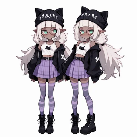 Purple Skirt, Stockings, Hoodie, cat beanie, 1girl
