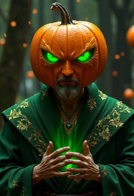 The mysterious and ethereal Pumpkin Man has a pumpkin face and a pair of sharp green eyes that radiate wisdom. He is a pumpkin-incarnated man with a mysterious expression and a neatly trimmed beard. He wears a robe from the Star Wars movie with a glowing dark green luxurious pattern, full of shining mystery.