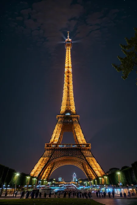 ((masterpiece,best quality)), <lora:Eiffel_Tower:0.8>, Eiffel_Tower, outdoors, sky, tree, no humans, night, night sky, scenery, light, lamppost, blue glow,