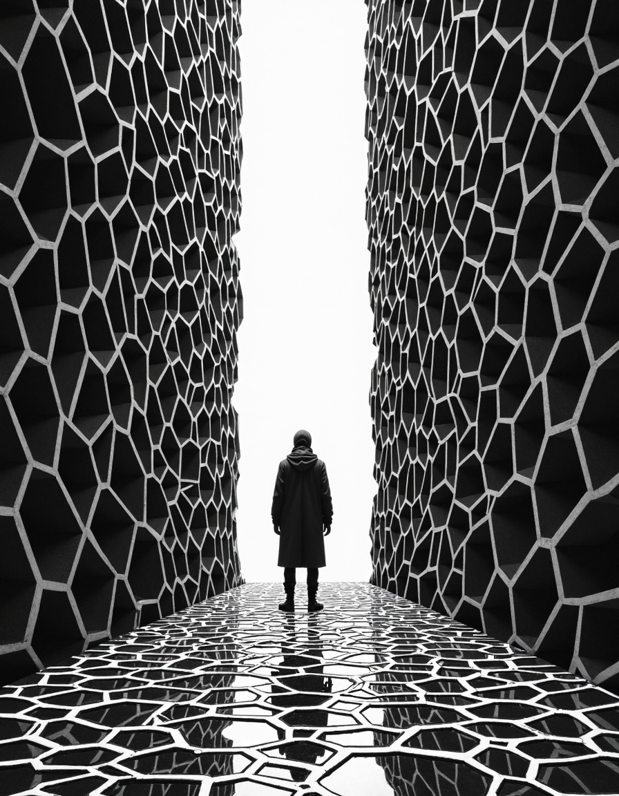 art by Chris Bachalo and Julia Pishtar, Comics, Lone figure standing at The Reach of a Twist out corridor, backlit by bright doorway, dramatic Divide and Conquer stretching towards viewer, anaglyph effect black and whiteGraphene Sheet Atomic Lattice, hexagonal carbon patterns with electron flow hues, Recycled seaglass composite, whitewashed oak, and brushed nickel, Comics, beautiful composition and experimental style, aesthetic linework, surreal and Historical imagery, influential, Bedouin sculpture, abstract, Irritated forms