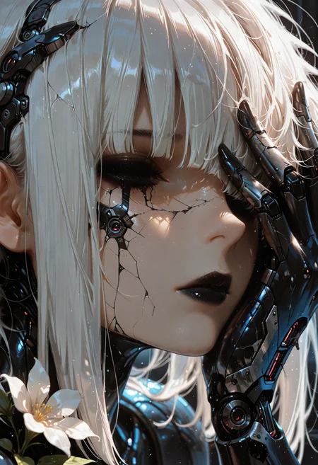 adult,
1woman,
(masterpiece:1.2), (best quality:1.2), (very aesthetic:1.2), (absurdres:1.2), absurdres, incredibly absurdres, depth of field, flowers, cyborg, wires, broken, white hair, messy hair, hair covering eyes, hair over eyes, blunt bangs, black lipstick, robot
<lora:DRKWB:0.4><lora:DetailedEyes_V3:1> <lora:USNR_STYLE_ILL_V1_lokr3:0.45> usnr <lora:ponyv6_noobV1_2_adamW:0.9> <lora:GENESIS_MK0.2:0.5>