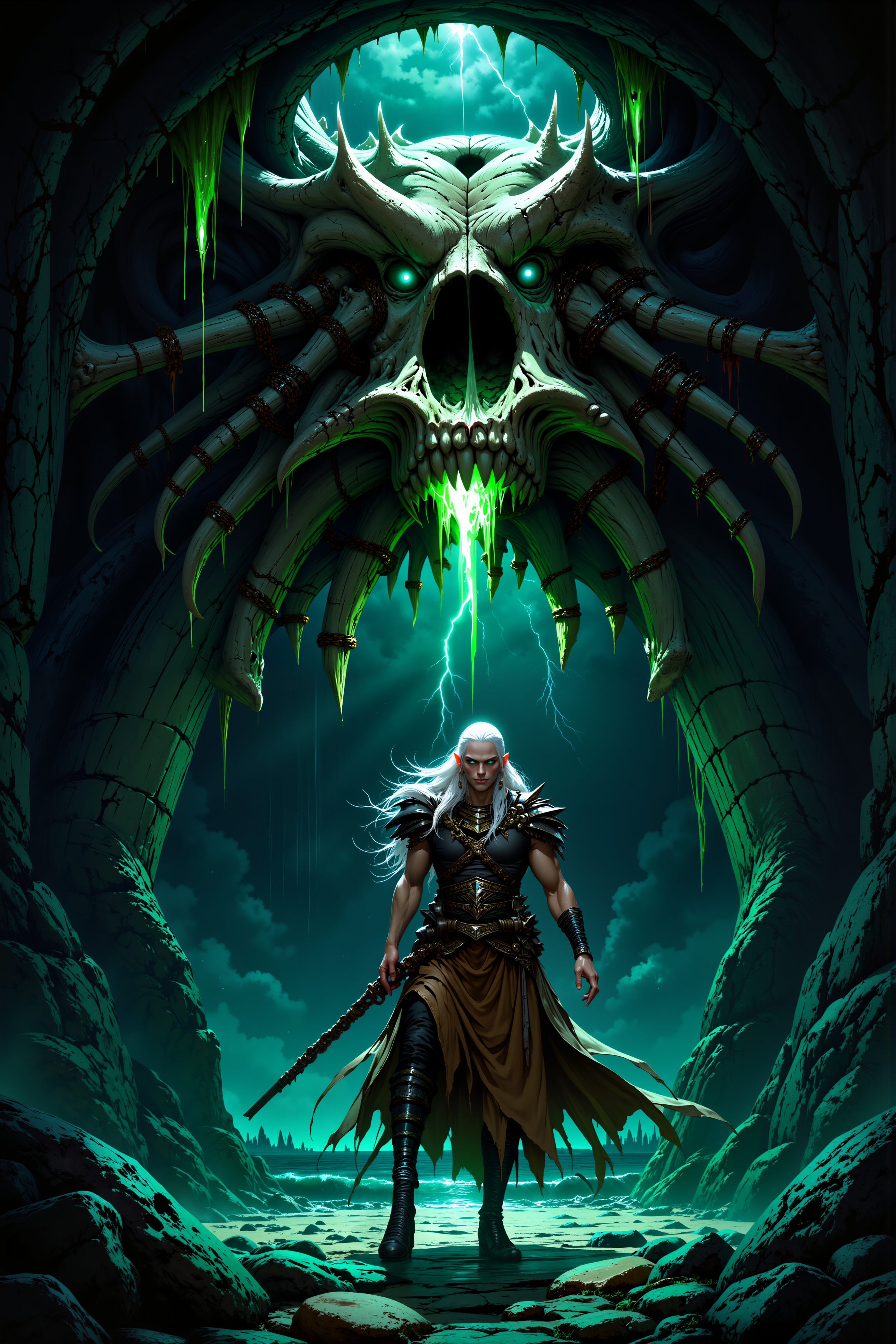 Inside the hollowed-out skull of a long-dead titan, a pale elf with long, flowing white hair and glowing teal eyes is chained to the massive, jagged bones of the creatureâs ribcage. The interior of the skull is bathed in an eerie, green light that emanates from the veins of crystal growing out of the titanâs bones, casting long, sharp shadows across the cracked and uneven floor. His torn tunic flutters in the stale wind that flows through the gaping eye sockets of the skull, while the rusted chains clink softly with each movement. Beyond the cavernous maw of the titanâs mouth, a dark, stormy sea stretches out into the horizon, with massive waves crashing against the jagged rocks below. The elfâs sharp features are illuminated by the faint glow of the crystals, his skin appearing almost translucent in the dim light, while his fingers twitch slightly as though preparing to summon long-forgotten magic. Above, the ancient bones creak and groan with the weight of centuries, their hollow echo filling the space with a sense of impending doom. The air smells faintly of salt and decay, mingling with the metallic tang of the enchanted chains that bind him. In the distance, flashes of lightning illuminate the dark clouds, casting brief, violent bursts of light across the sea. Itâs a moment suspended in time, where ancient death and raw, untapped power coexist in a haunting tableau.<lora:Smooth_Mix_-_Flux:0.7><lora:FluxMythP0rtr4itStyle:0.8>