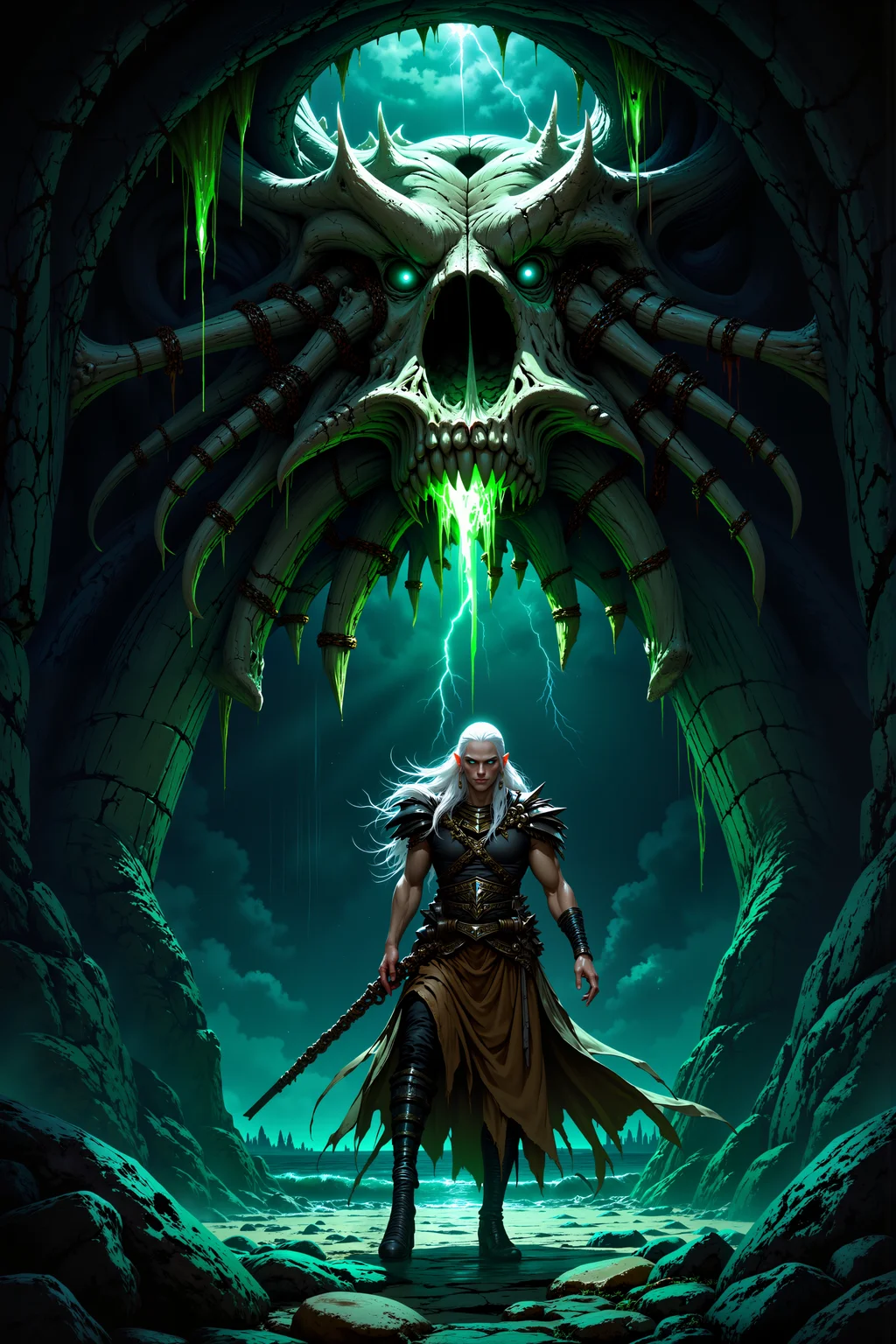 Inside the hollowed-out skull of a long-dead titan, a pale elf with long, flowing white hair and glowing teal eyes is chained to the massive, jagged bones of the creatureâs ribcage. The interior of the skull is bathed in an eerie, green light that emanates from the veins of crystal growing out of the titanâs bones, casting long, sharp shadows across the cracked and uneven floor. His torn tunic flutters in the stale wind that flows through the gaping eye sockets of the skull, while the rusted chains clink softly with each movement. Beyond the cavernous maw of the titanâs mouth, a dark, stormy sea stretches out into the horizon, with massive waves crashing against the jagged rocks below. The elfâs sharp features are illuminated by the faint glow of the crystals, his skin appearing almost translucent in the dim light, while his fingers twitch slightly as though preparing to summon long-forgotten magic. Above, the ancient bones creak and groan with the weight of centuries, their hollow echo filling the space with a sense of impending doom. The air smells faintly of salt and decay, mingling with the metallic tang of the enchanted chains that bind him. In the distance, flashes of lightning illuminate the dark clouds, casting brief, violent bursts of light across the sea. Itâs a moment suspended in time, where ancient death and raw, untapped power coexist in a haunting tableau.<lora:Smooth_Mix_-_Flux:0.7><lora:FluxMythP0rtr4itStyle:0.8>