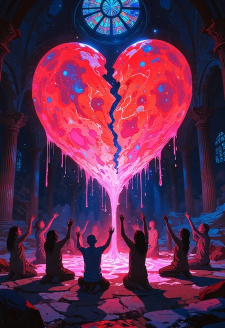 group of lonely people praying to a giant broken heart floating above them. They stretches out their arms to the heart, but can't reach it. From he heart drips glowing, star-filled pink thick oily liquid. Vibrant hues of red and blue shimmer with stars and galaxies. Heart reflects cosmic light, set against an infinite starry backdrop. symbolising despair, loneliness and broken hearts. faceless people are praying on knees to the broken heart. They try to catch pink drops from a heart. red_glow.
The background features an ancient underworld catacomb dedicated to loneliness with stained glass windows depicting starry expanse, with celestial bodies glowing faintly in the distance, evoking a sense of despair. Low angle view.