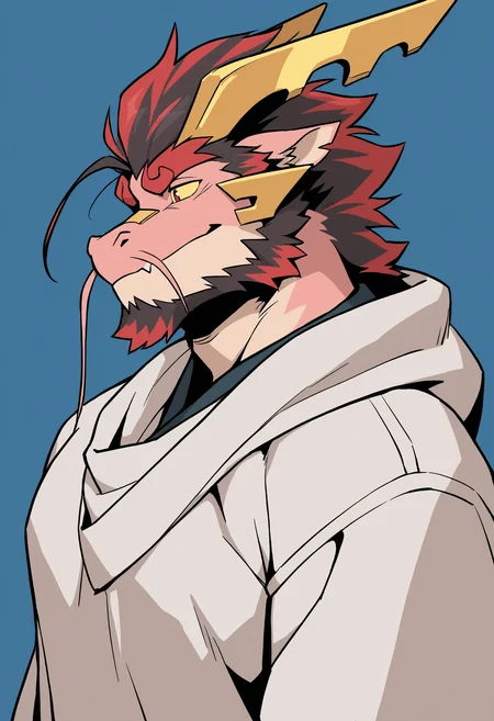 masterpiece, best quality, <lora:Tarjumdad-NOOB-0530-000100:1> Tarjumdad, dragon boy, yellow sclera, multicolored hair, bara, mature male, facial hair, furry male, horns, red hair, dragon horns